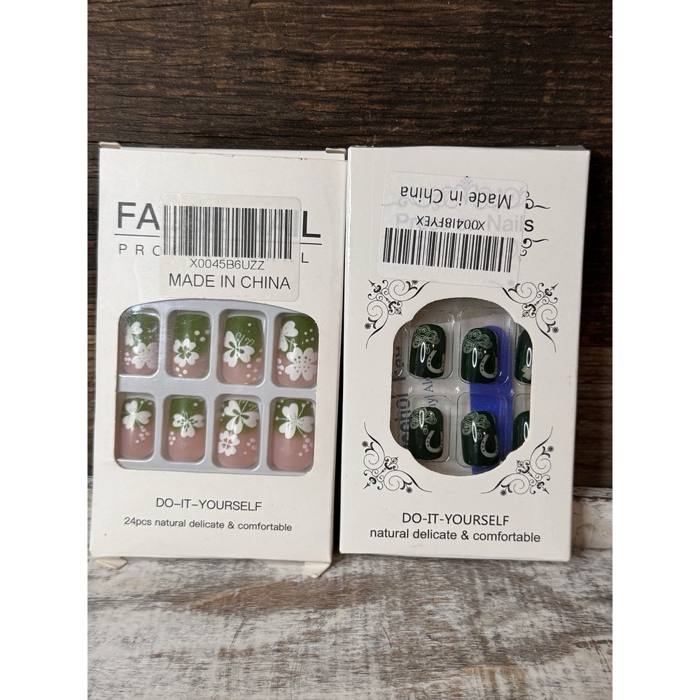 Spring Press-On Nail x 2 Sets, Pink/Green Lucky Shamrocks, Horseshoe Green